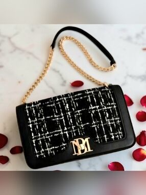Badgley Mischka Large Tweed Crossbody Vegan Leather Purse NWT